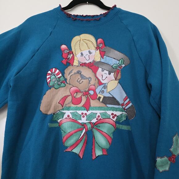 Vintage Holiday Christmas Mock Sweatshirt Women L Puffy Paint Retro Artsy Cottag - Picture 2 of 11